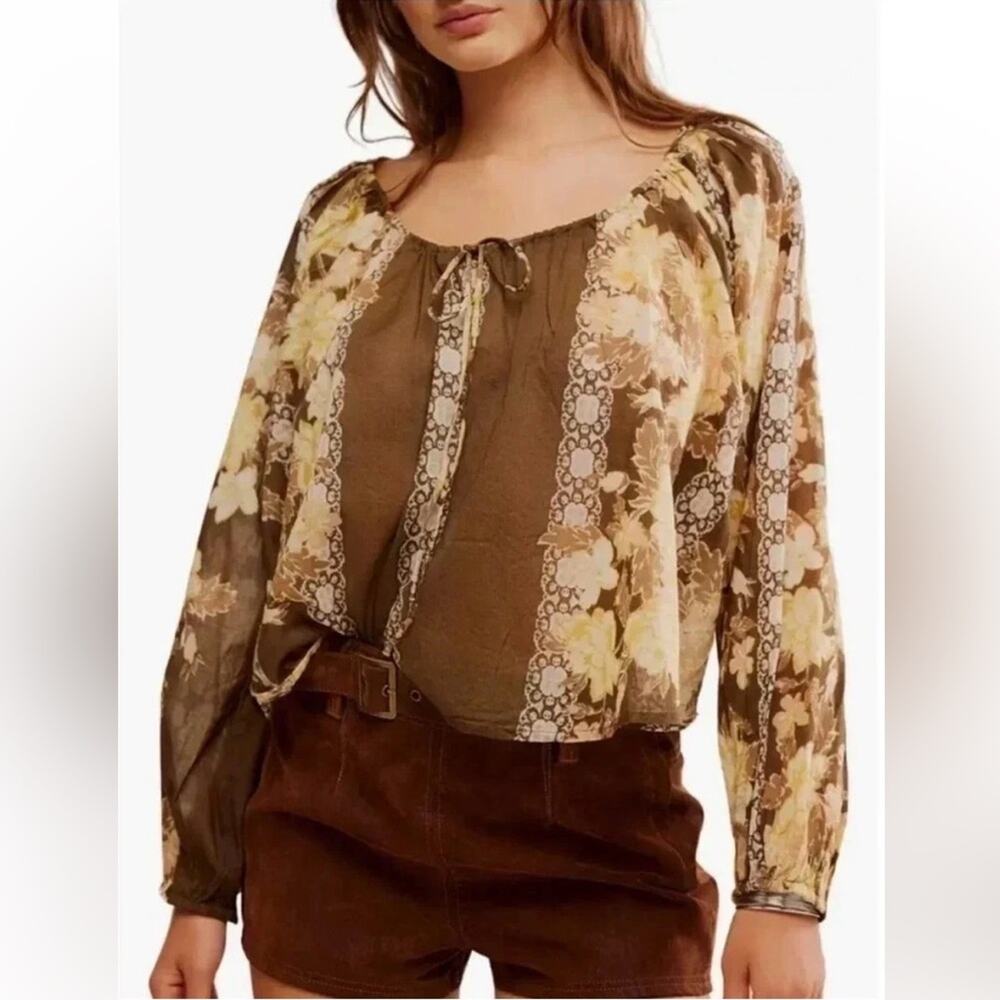 NWT Free People Elena Floral Print 100% Cotton Top in Cocoa Combo - Size S